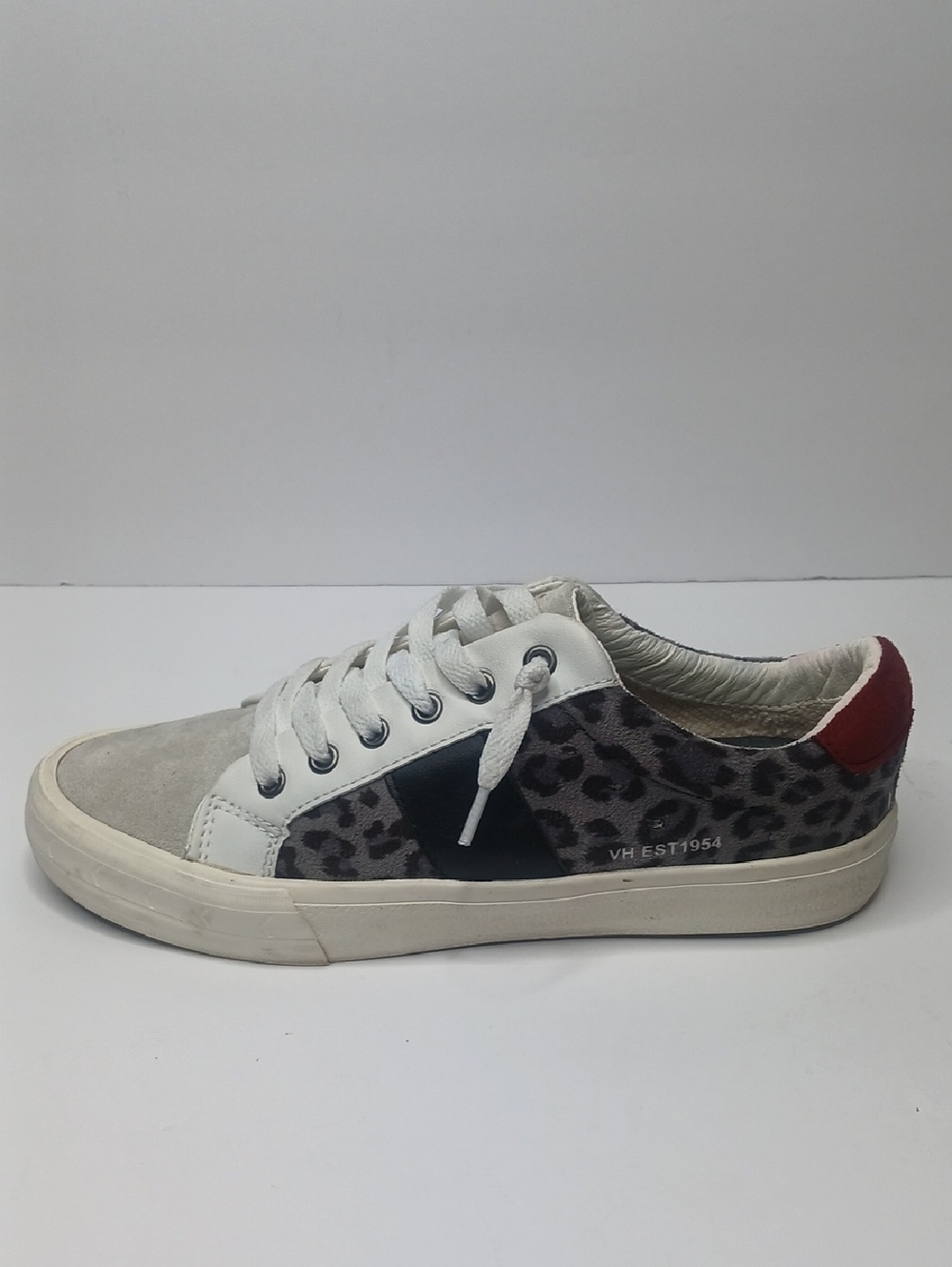 Steve Madden gray leopard print sneakers with a red suede heel tab w/ white sole